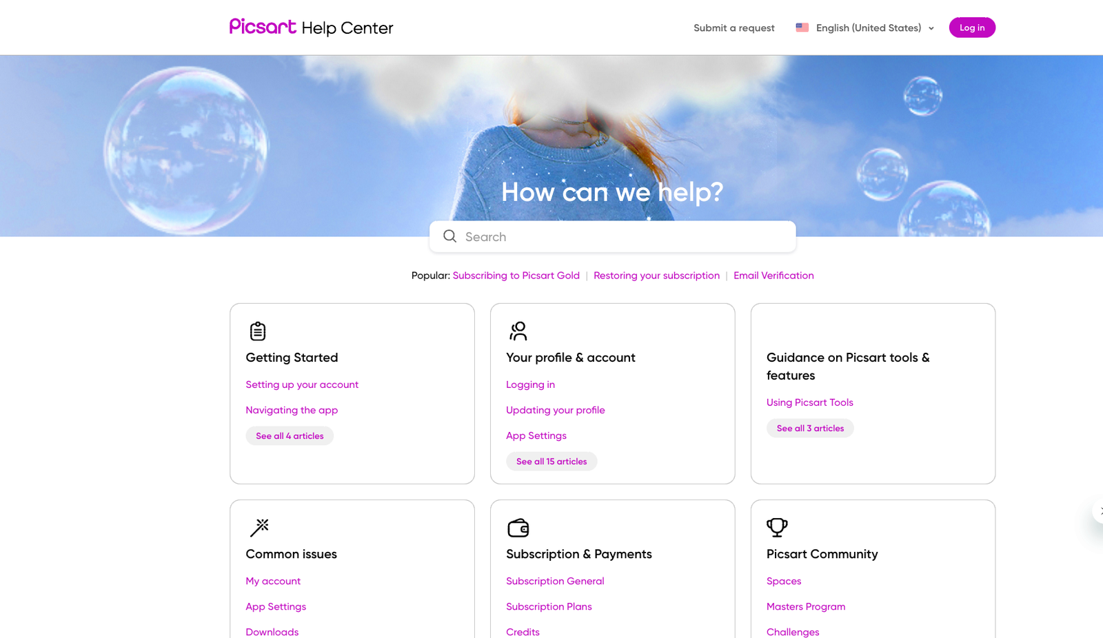 Picsart Help Center — How can we help? hero with support categories
