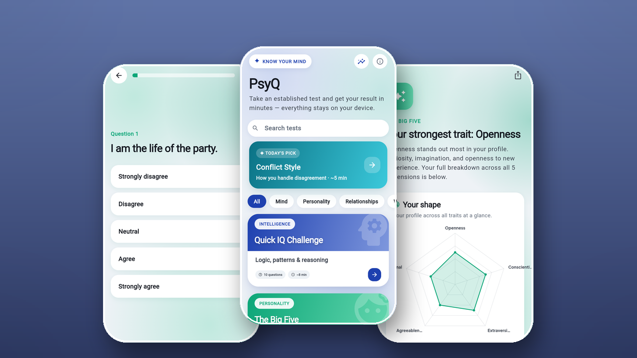 PsyQ — psychometric self-test app, question and results screens