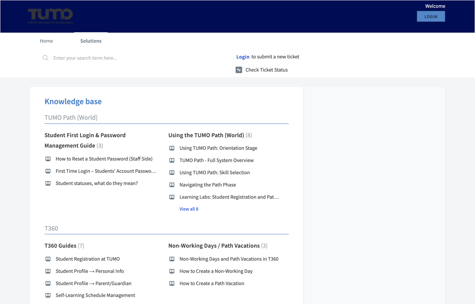 TUMO 360 Help Center — knowledge base with TUMO Path and T360 article categories